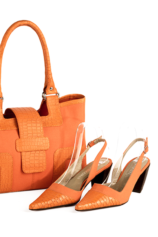 Apricot orange women's slingback shoes. Pointed toe. High cone heels. Worn view - Florence KOOIJMAN